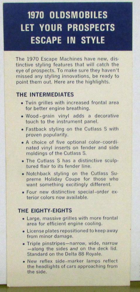 1970 Oldsmobile Cutlass 88  98 Toronado Sales Card Features & Options Blue Orig