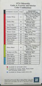 1974 Oldsmobile Exterior Colors Paint Chips & Interior Color Combos Sales Folder