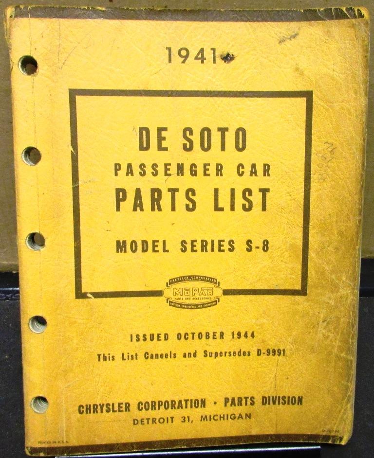 1941 Desoto Passenger Car Parts Book Manual Mopar Original 41 series S-8 Revised