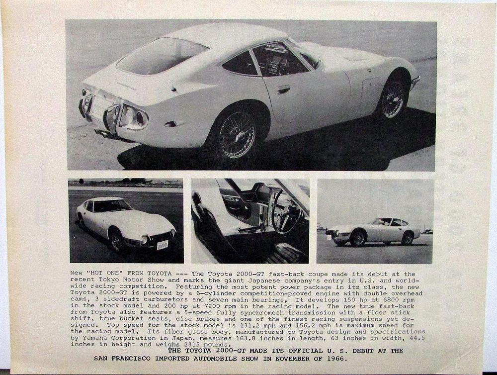 1966 1967 Toyota 2000-GT Info Sheet San Francisco Imported Automobile Show