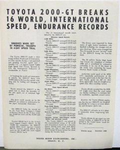 1966 1967 Toyota 2000-GT Info Sheet San Francisco Imported Automobile Show