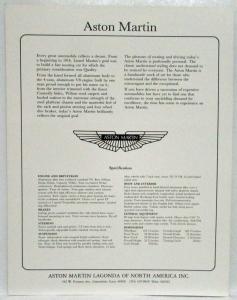 1982 Aston Martin Vantage Spec Sheet