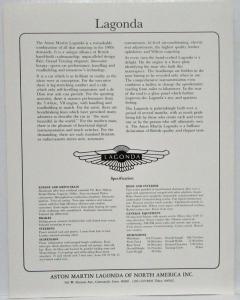 1982 Aston Martin Lagonda Spec Sheet