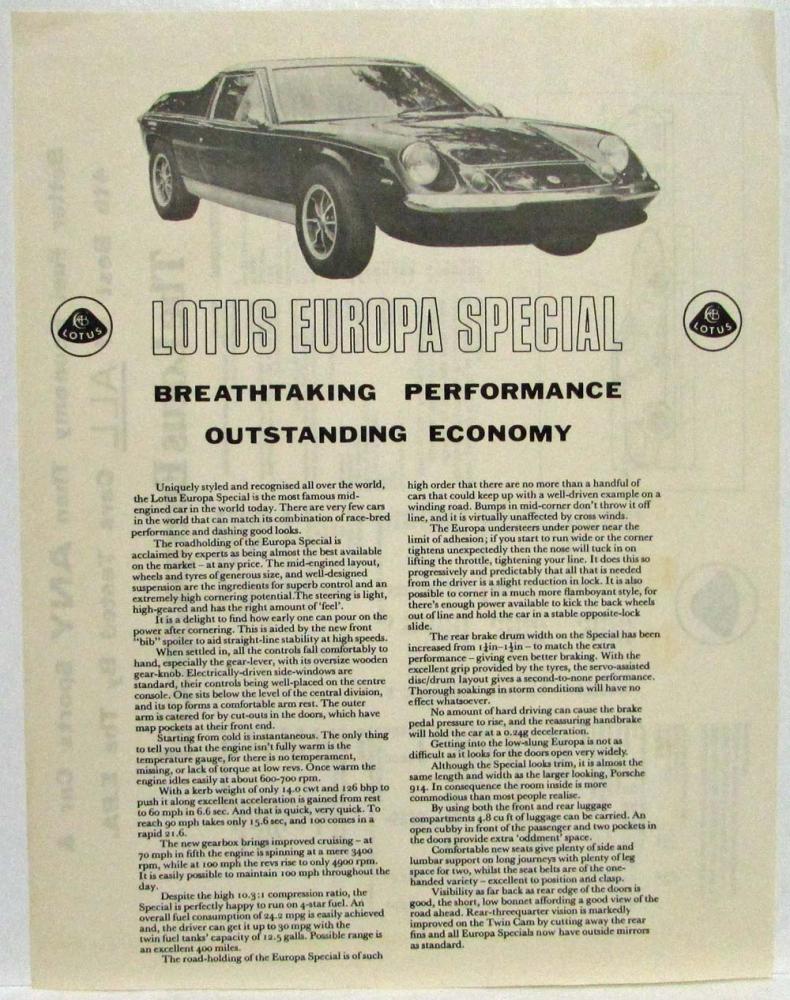 1974 Lotus Europa Special Spec Sheet