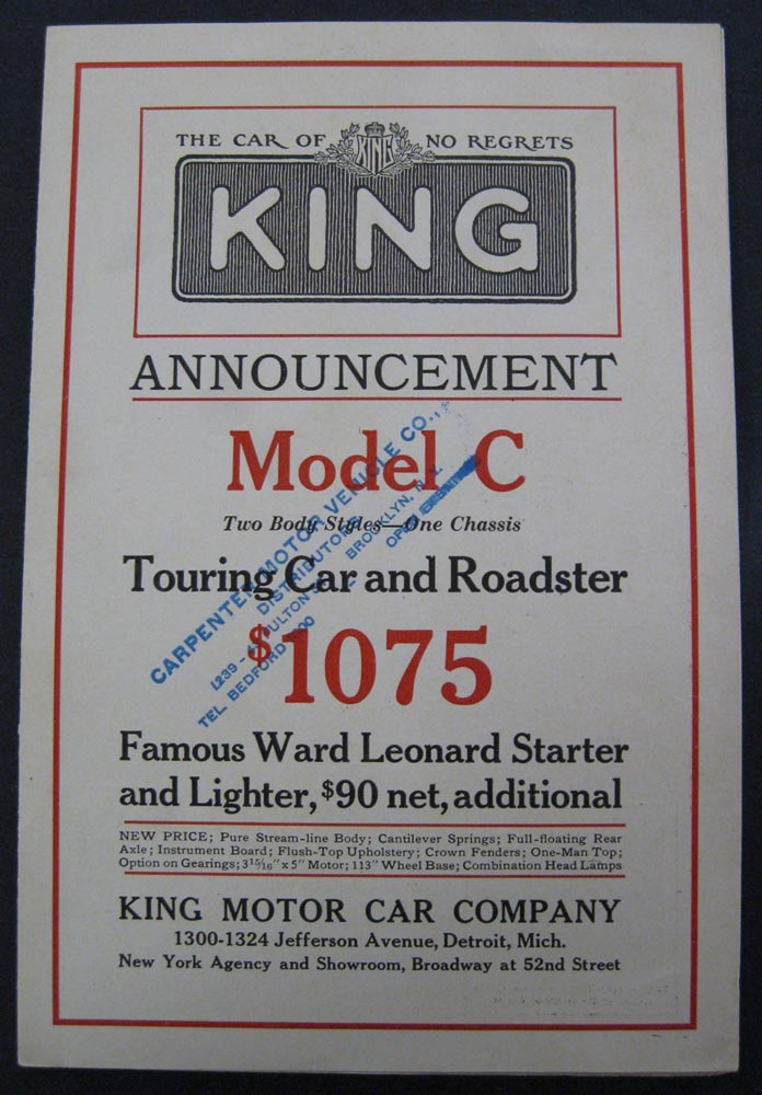 1915 King Model C Touring and Roadster Cars Leaflet Pre 1916 Brass Era Original