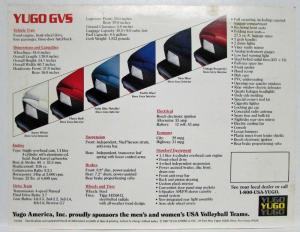 1988 Yugo GVS Sales Spec Sheet