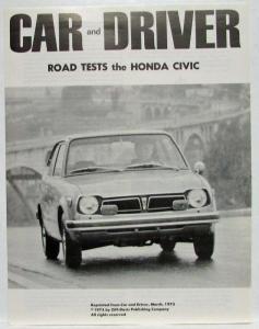 1973 Honda Civic Car and Driver Road Test Article Reprint