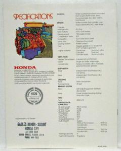 1974 Honda Civic Gas Mileage Champion & Road Test Car of the Year Sales Brochure