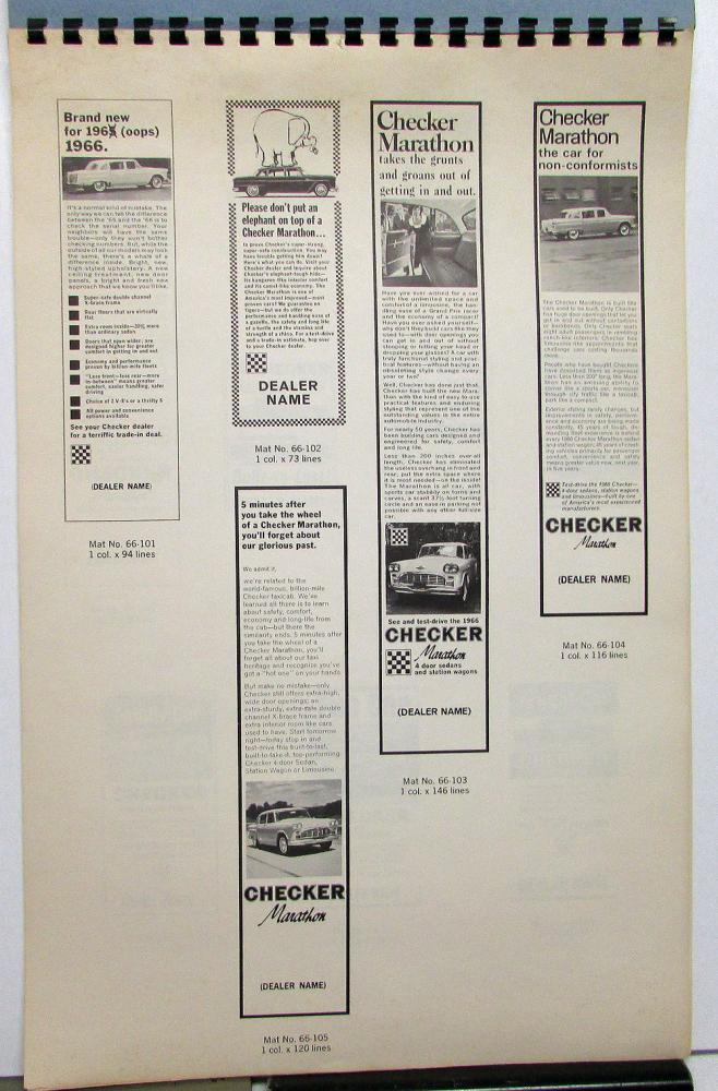 1966 Checker Marathon Dealer Advertising Merchandising Guide No 7 Car ...