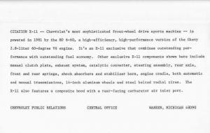 1981 Chevrolet Citation X-11 Press Photo and Release 0363