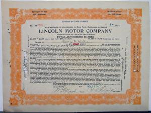 1921 Lincoln Motor Co Stock Certificate TDO 6482 Notarized Original Memorabilia