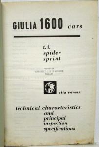 1964 Alfa Romeo 1600 Cars Technical Characteristics and Inspection Specs