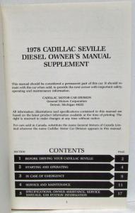 1978 Cadillac Seville Owners Manual Diesel Supplement