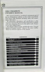 1984 Cadillac Cimarron Owners Operator Manual