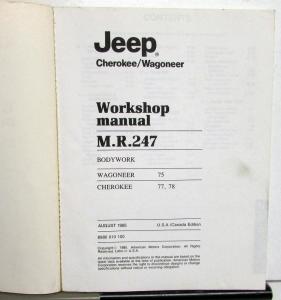 1985-1986 Jeep Cherokee Wagoneer Dealer Service Shop Bodywork Manual M.R.247