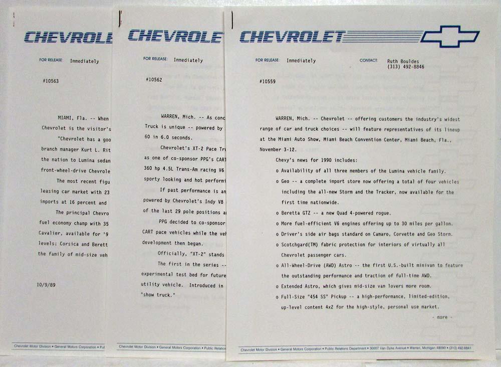 1990 Chevrolet New Models Auto Show Press Kit XT2 Pace Truck Corvette ...