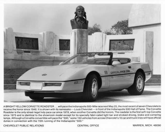 1986 Chevrolet Corvette Convertible Indy 500 Pace Car Auto Press Photo 0406