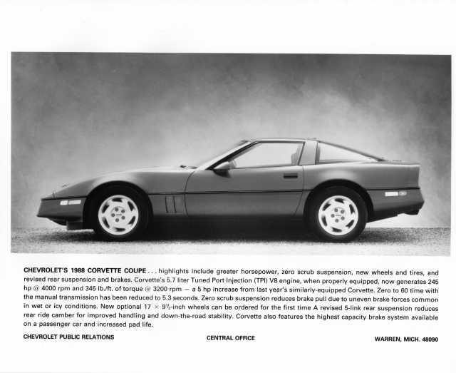 1988 Chevrolet Corvette Coupe Auto Press Photo with Text 0413