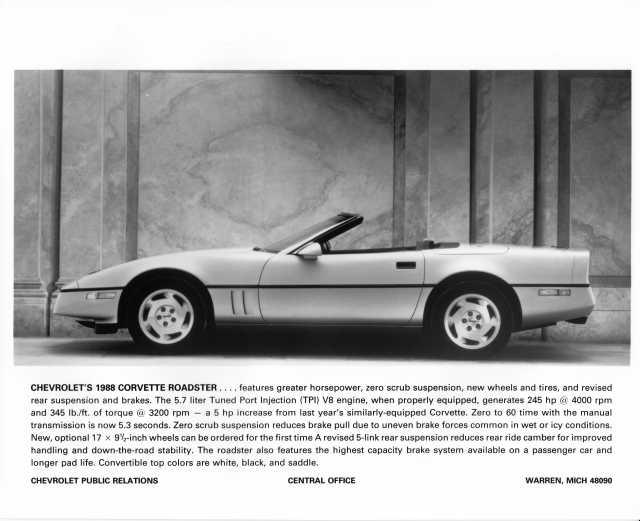 1988 Chevrolet Corvette Roadster Auto Press Photo with Text 0414