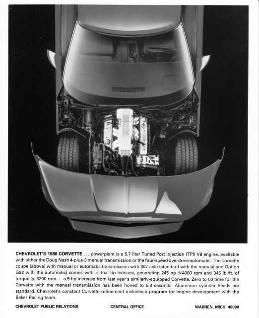 1988 Chevrolet Corvette Powerplant Auto Press Photo with Text 0416