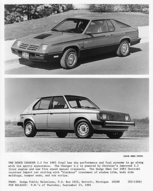 1983 Dodge Charger & Omni Auto Press Photo with Text 0130