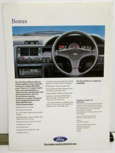 1992-1993 Ford Escort Bonus UK Market Dealer Data Sheet Right Hand Drive