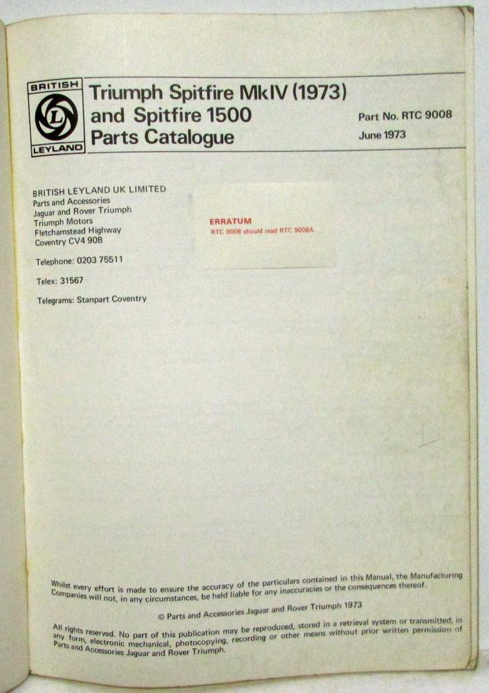 1973 Triumph Spitfire MkIV and Spitfire 1500 Parts Book List Manual Catalog