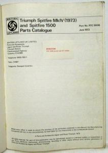 1973 Triumph Spitfire MkIV and Spitfire 1500 Parts Book List Manual Catalog