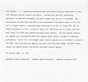 1979 Chevrolet Malibu Press Photo and Release 0423