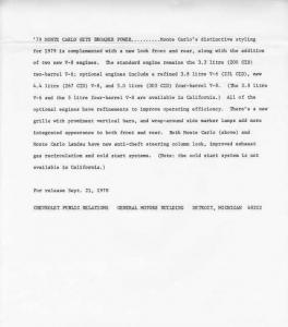 1979 Chevrolet Monte Carlo Press Photo and Release 0426