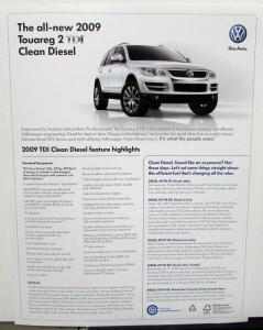 2009 Volkswagen VW Dealer Touareg 2 TDI Clean Diesel Sales Data Sheet Handout