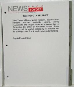 2003 Toyota Full-Line Press Kit - Looseleaf Pages - Tundra 4Runner Camry Tacoma