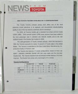 2003 Toyota Full-Line Press Kit - Looseleaf Pages - Tundra 4Runner Camry Tacoma