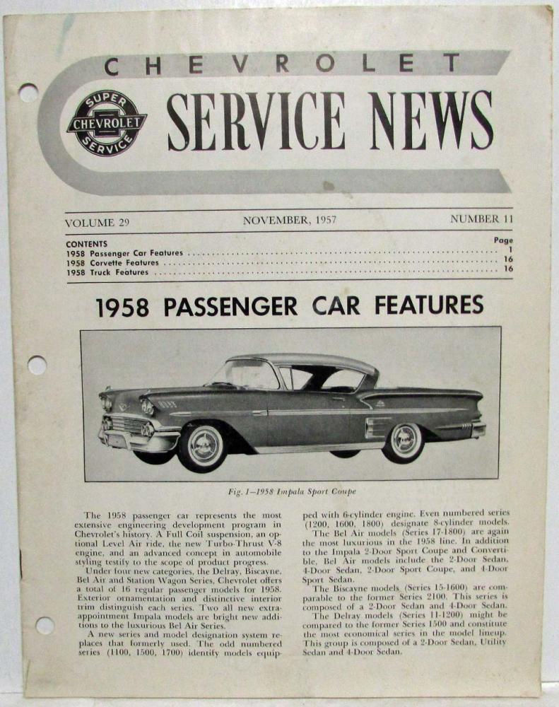 1958 Chevrolet Service News Corvette Features Vol 29 No 11 Tech Bulletin