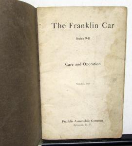 1922 Franklin Car Series 9 B Automobile Owners Instruction Book Manual
