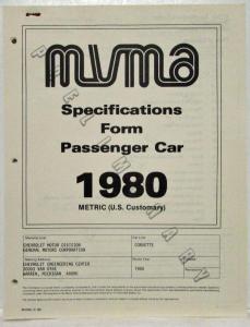 1980 MVMA Prelim Specifications Form Passenger Car - Chevrolet Corvette Camaro