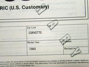 1980 MVMA Prelim Specifications Form Passenger Car - Chevrolet Corvette Camaro