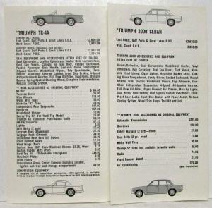 1966 Triumph Suggested Retail Price List - TR-4A Spitfire 4 Mk 2 1200 2000