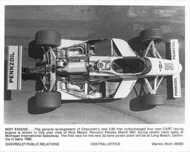 1985 Chevrolet Indy Race Engine in Pennzoil Penske March 85C Press Photo 0480