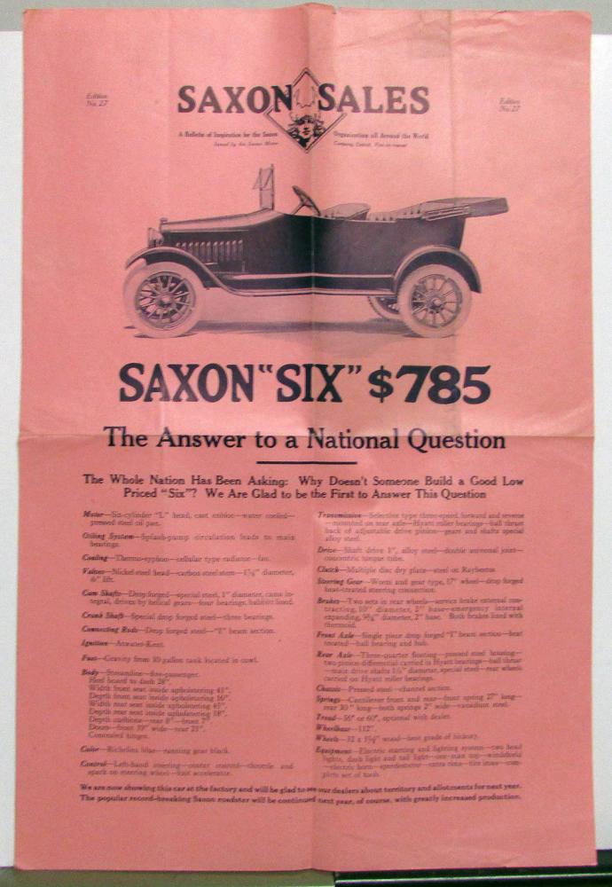 1916 Saxon Six Dealer Large Sales Flyer Poster Edition No 27 5