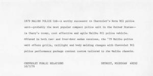 1979 Chevrolet Malibu Police Car Press Photo and Release 0484