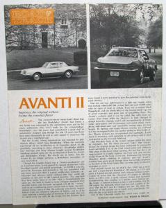 1966 1967 Avanti II Road & Track Reprint Article Performance Specs Sales Folder