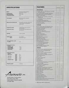 1983 Avanti Specifications Features Exterior Interior Data Sheet Original