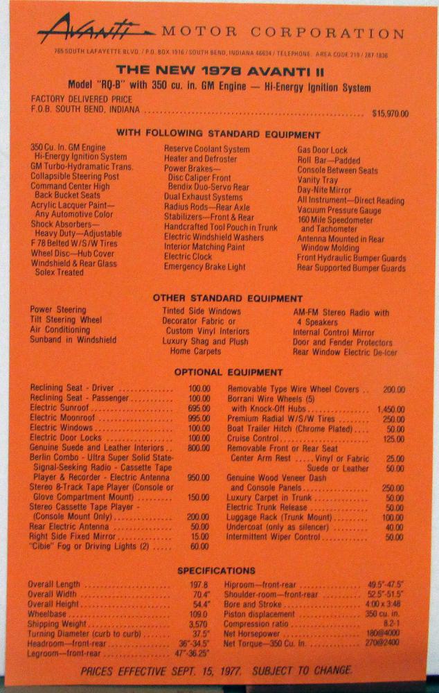 1978 Avanti II FOB Price List Sep 15 1977 Equipment Specification Sheet Original