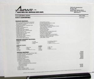 1985 Avanti Convertible Data Sheet Original