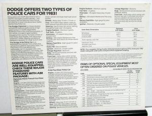 1983 Dodge Police Cars Fleet Dealer Data Card Sales Handout A38 Package Pursuit