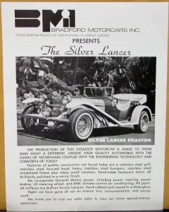 Vintage Bradford Motorcars Silver Lancer Phaeton Custom Car Dealer Sheet