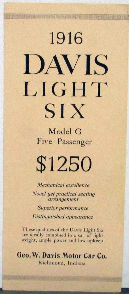 1916 Davis Light 6 Model G Auto Pre 1916 Brass Era Sale Folder Brochure Original