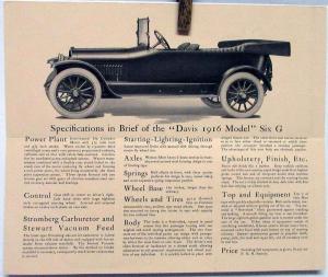 1916 Davis Light 6 Model G Auto Pre 1916 Brass Era Sale Folder Brochure Original