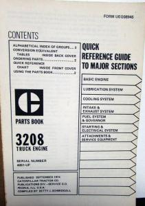 1974 1975 Caterpillar 3208 Truck Engine Parts Book Serial Num 40S1 Form UEG0894S